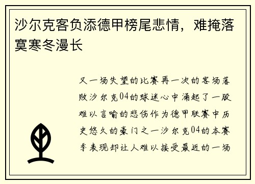 沙尔克客负添德甲榜尾悲情，难掩落寞寒冬漫长